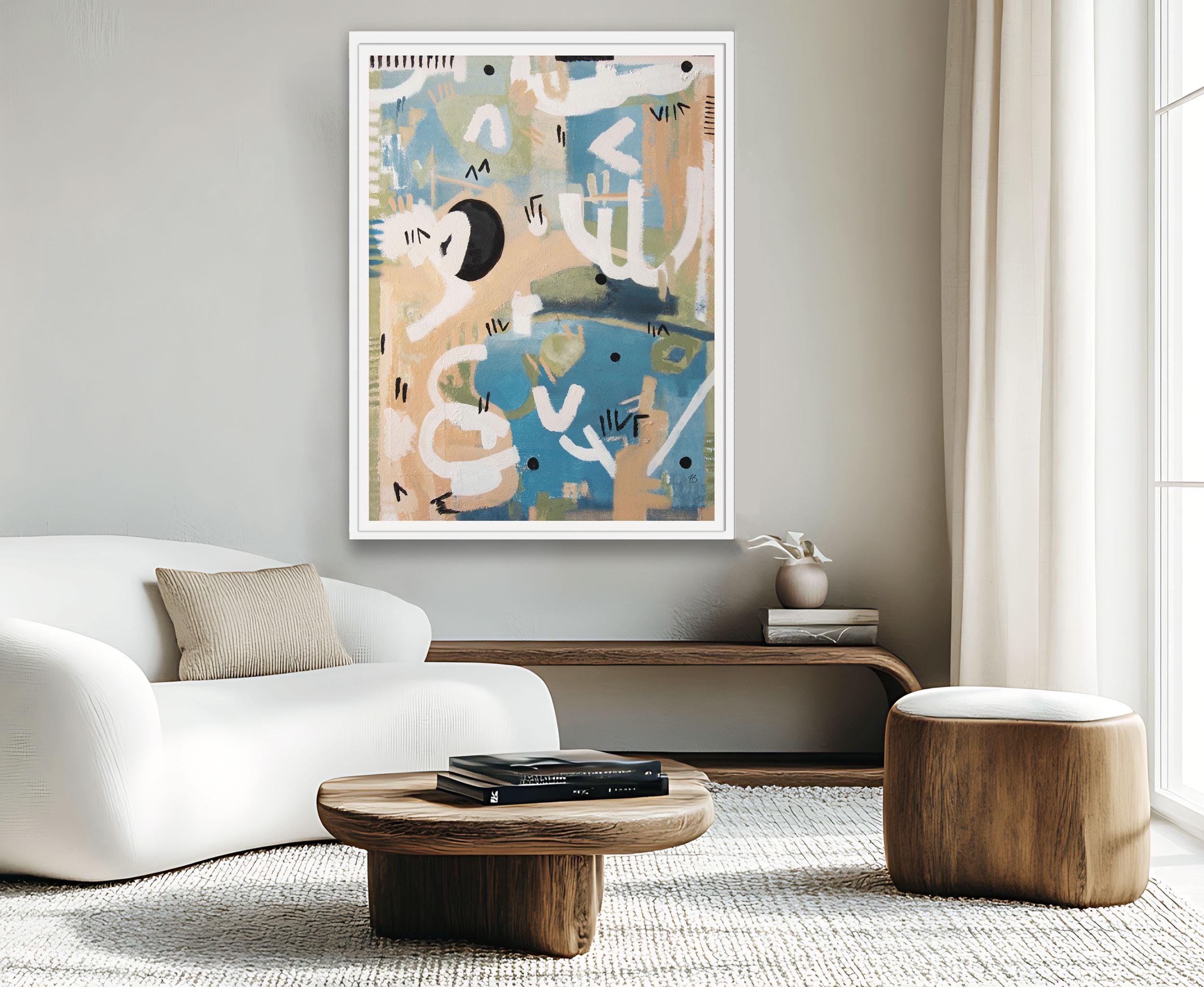 Blue and Pink Abstract Wall – Whimsical Framed Fine Art Print for Modern Home Decor