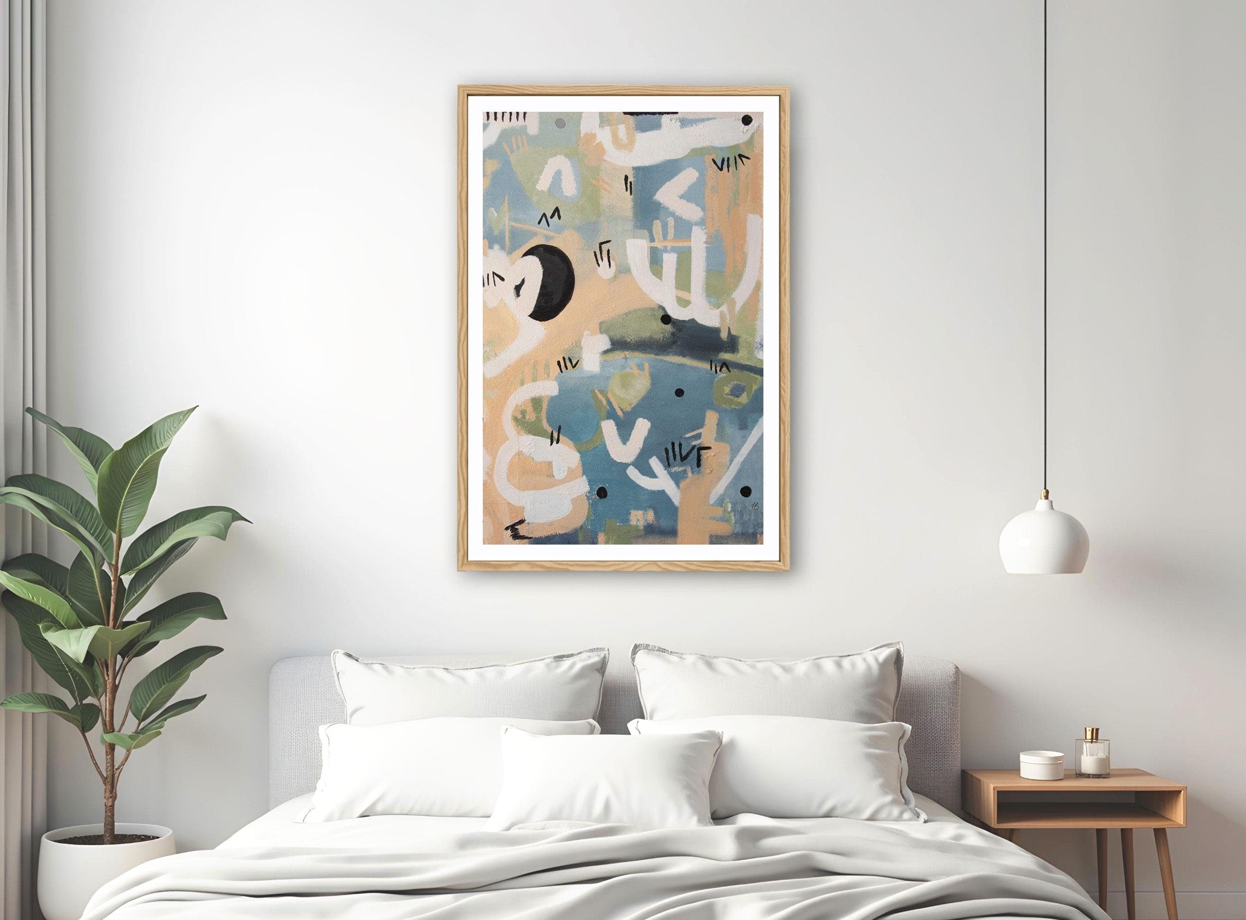 Chic Blue Boho Painting Abstract Print - Large Minimalist Wall Art with a Modern Twist, Boho Decor