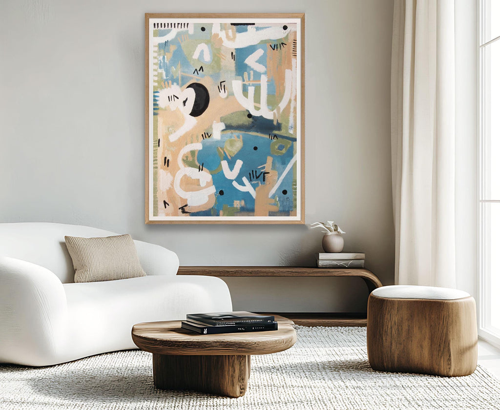 Blue and Pink Abstract Wall – Whimsical Framed Fine Art Print for Modern Home Decor